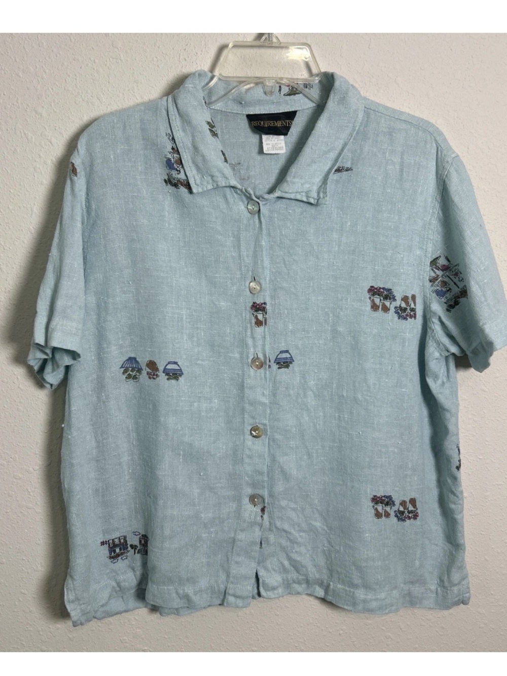 VTG Requirements Woman’s Med Linen Blue Floral Button Up Shirt Boho Cottagecore